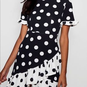 Polka dot asymmetrical ruffle shift dress